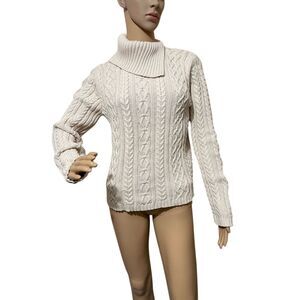 Wainscott Chunky Cable Knit Fisherman Turtleneck Sweater Winter Cozy Cream Small